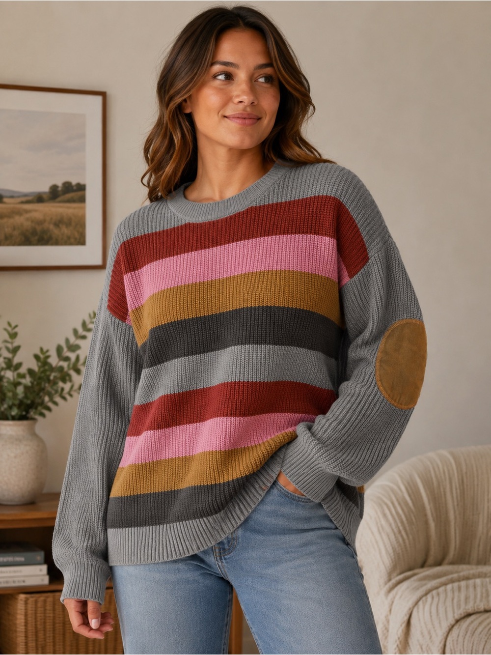 Hem & Thread Gray Striped Crewneck Sweater with Pink, Rust & Mustard Accents